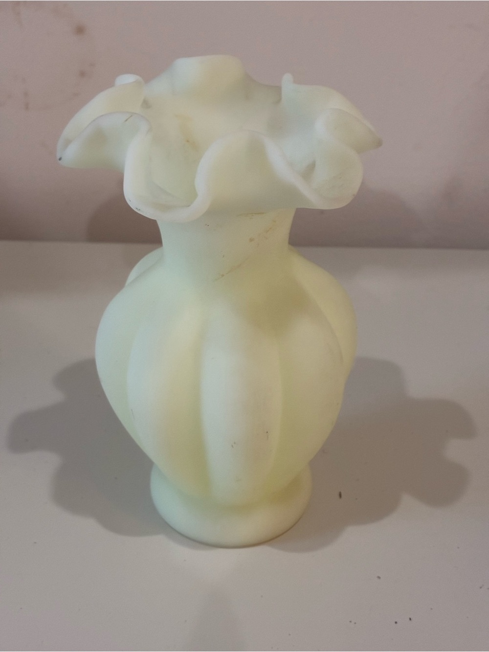 Vintage Fenton Satin Custard Uranium Glass Ruffled Melon Vase - GLOWS!